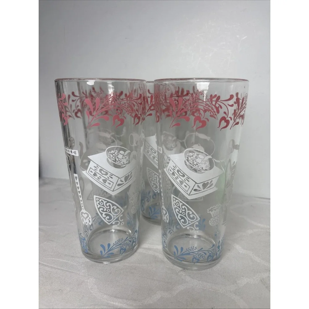 Vintage Hazel Atlas Kitchen Aids 16oz Glass Tumbler - Set of 4 Pink White Blue